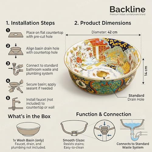 B Backline Ceramic Mexican Wash Basin | Tabletop Ceramic Bathroom Sink | Art Basin | Wash Basin For Bathroom 42 X 42 X 14 Cm - Image 4