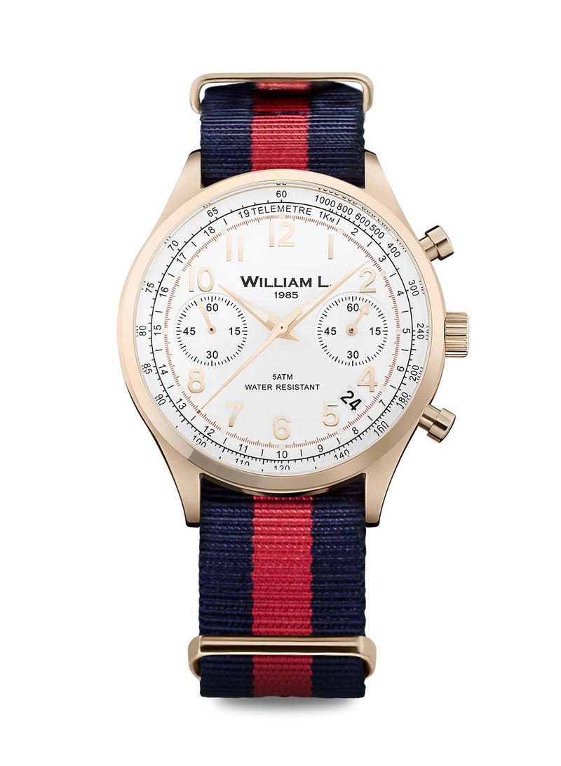 ويليام إل 1985 ساعة William L. 1985 للرجال عقارب حركة كرونوغراف طراز كلاسيكي مطلية بالأيون باللون الذهبي الوردي مع حزام من النايلون الناتو - WLOR01BCORNBR - Image 1