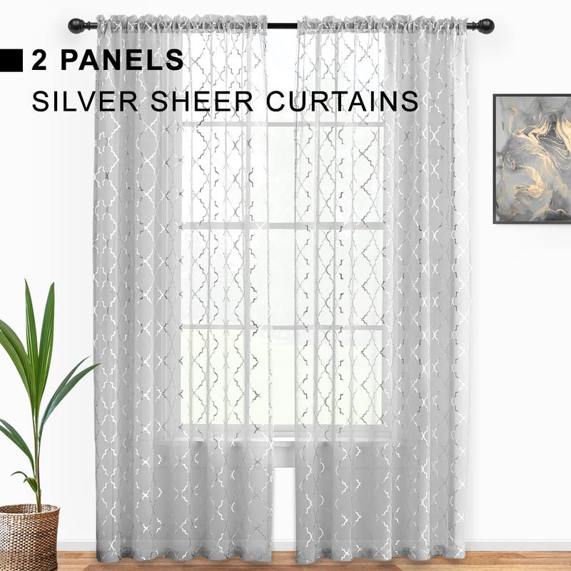 Kotile Silver and Gray Sheer Curtains 2 Panels - Metallic Silver Foil Geo Moroccan Tile Pattern Rod Pocket Grey Sheer Curtains for Living Room  52 x 84 Inch  2 Panels  Silver Gray - Image 2