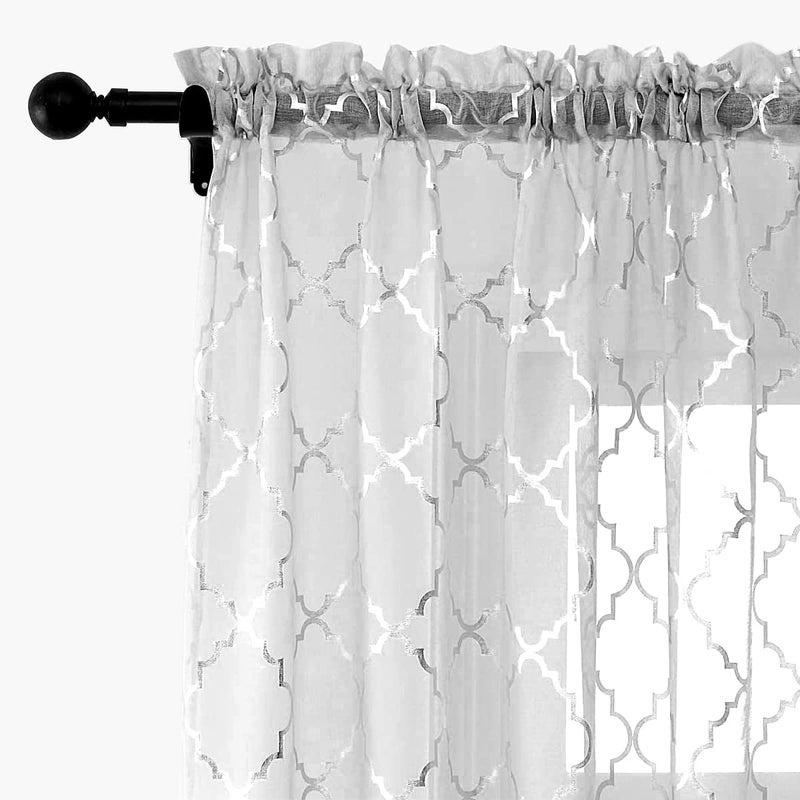 Kotile Silver and Gray Sheer Curtains 2 Panels - Metallic Silver Foil Geo Moroccan Tile Pattern Rod Pocket Grey Sheer Curtains for Living Room  52 x 84 Inch  2 Panels  Silver Gray - Image 1