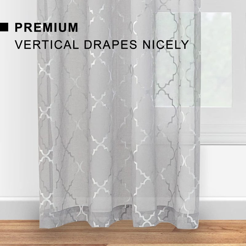 Kotile Silver and Gray Sheer Curtains 2 Panels - Metallic Silver Foil Geo Moroccan Tile Pattern Rod Pocket Grey Sheer Curtains for Living Room  52 x 84 Inch  2 Panels  Silver Gray - Image 4