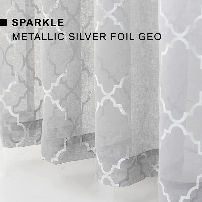Kotile Silver and Gray Sheer Curtains 2 Panels - Metallic Silver Foil Geo Moroccan Tile Pattern Rod Pocket Grey Sheer Curtains for Living Room  52 x 84 Inch  2 Panels  Silver Gray - Image 5