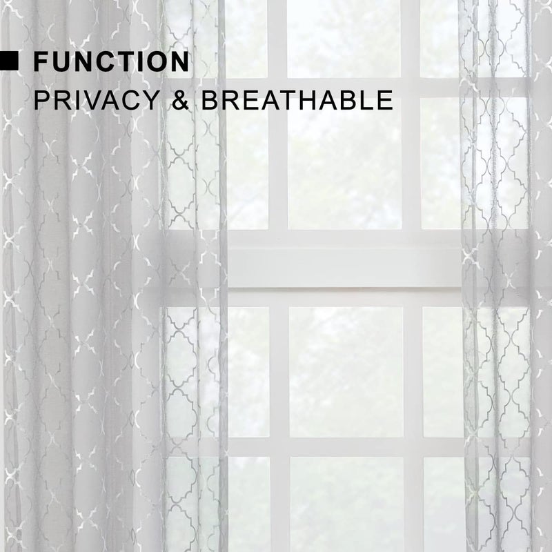 Kotile Silver and Gray Sheer Curtains 2 Panels - Metallic Silver Foil Geo Moroccan Tile Pattern Rod Pocket Grey Sheer Curtains for Living Room  52 x 84 Inch  2 Panels  Silver Gray - Image 3