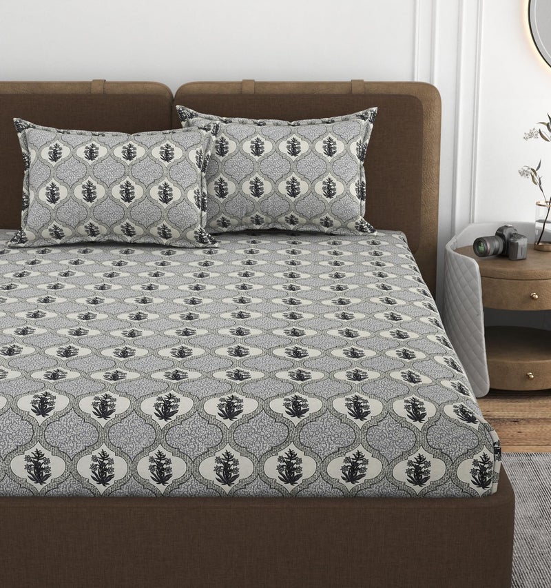 VOMZER 320 TC 100% Pure Cotton All Around Elastic Fitted Queen Size Bedsheets, Supersoft Elastic Fitted Double Bedsheet with 2 Pillow Covers, Size 60x78x8 Inches - Image 1