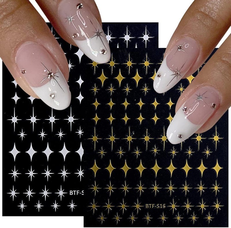 8 Sheets Star Nail Art Stickers Self-Adhesive Nail Decals 3D Nail Art Supplies Gold Silver Black White Nail Art Design Stars Nail Sticker for Women Girls Manicure DIY Decoration Accessories