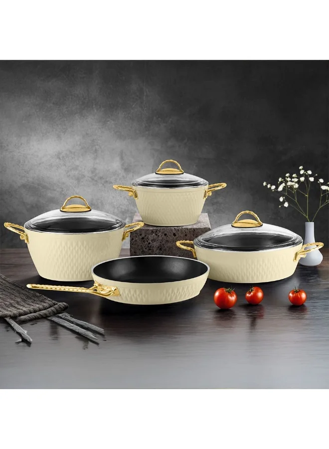 دانوب هوم Lines 7-Piece Kristal Cookware Set – Titanium Teflon Coating, PFOA-Free Nonstick Cookware – Durable, Heat-Resistant Pots & Pans for Kitchen, Cooking & Frying - Cream