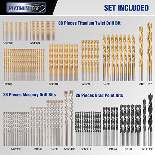 PLATINUMEDGE 140PC Multipurpose Drill Bits Set, 88PC Titanium Twist Drill Bits 26 Pc Masonry Drill Bits for Brick, Concrete 26 Pc Brad Point Drill Bits, for Wood, Metal, Masonry with Hard Storage Case - Image 2