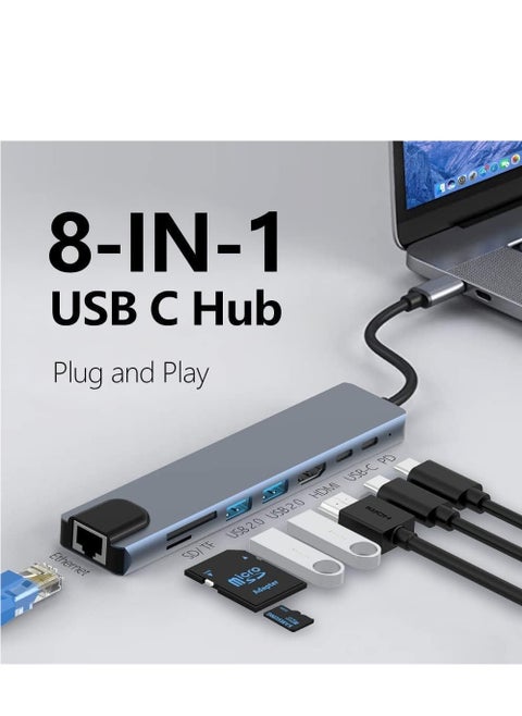 USB C Hub, 8 in 1 Type C Hub Multiport Adapter with 4K HDMI, PD Power Delivery, USB-C, Ethernet, 2 USB, SD/TF Card Reader Compatible with Mac Book Pro XPS and More Type C Devices