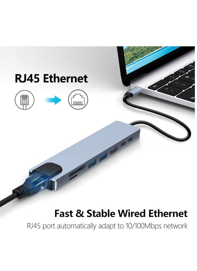 USB C Hub, 8 in 1 Type C Hub Multiport Adapter with 4K HDMI, PD Power Delivery, USB-C, Ethernet, 2 USB, SD/TF Card Reader Compatible with Mac Book Pro XPS and More Type C Devices