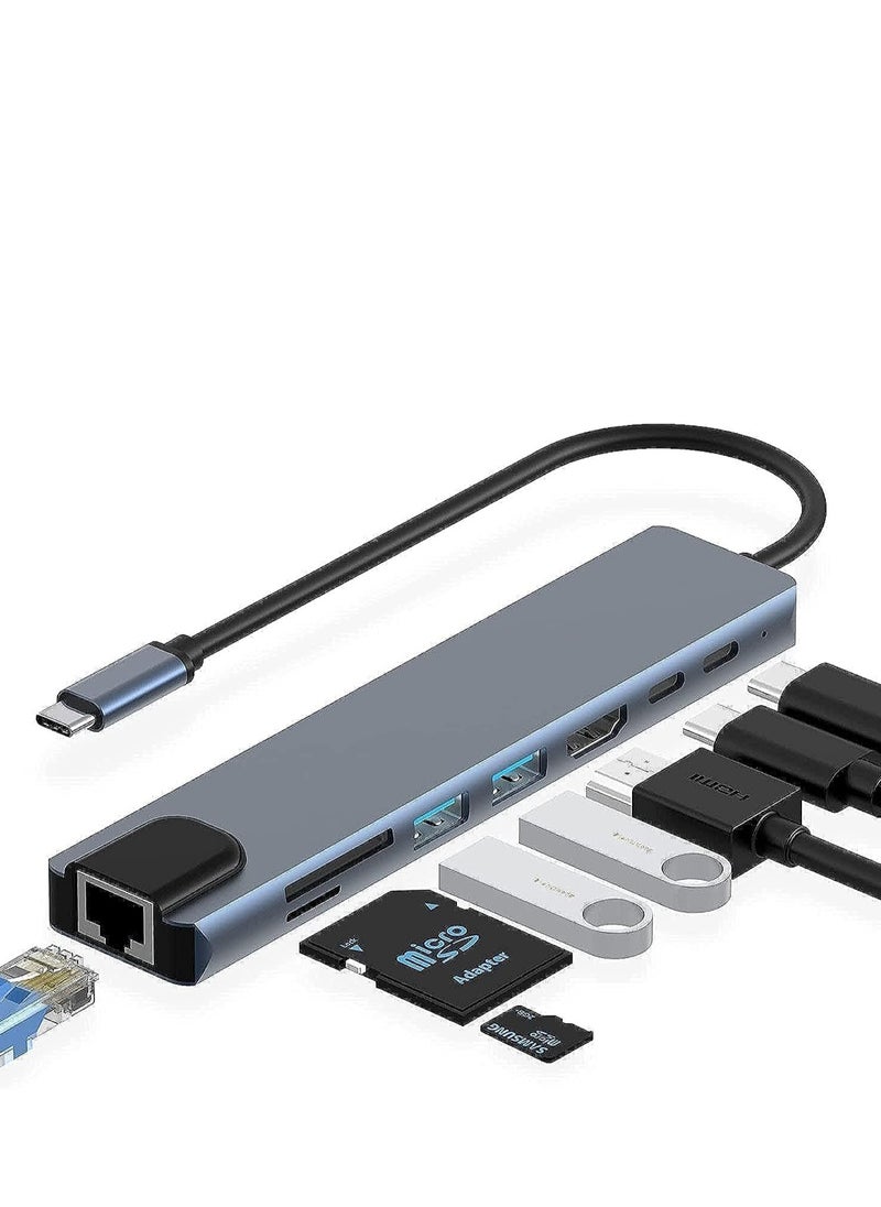 USB C Hub, 8 in 1 Type C Hub Multiport Adapter with 4K HDMI, PD Power Delivery, USB-C, Ethernet, 2 USB, SD/TF Card Reader Compatible with Mac Book Pro XPS and More Type C Devices