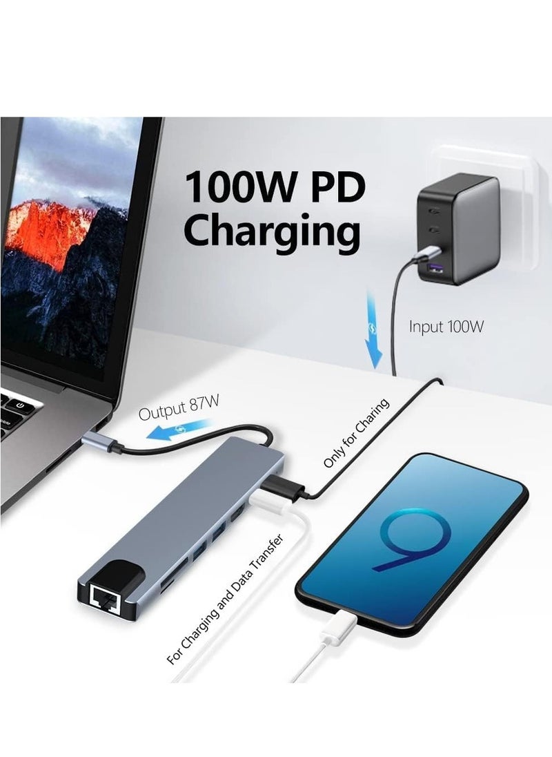 USB C Hub, 8 in 1 Type C Hub Multiport Adapter with 4K HDMI, PD Power Delivery, USB-C, Ethernet, 2 USB, SD/TF Card Reader Compatible with Mac Book Pro XPS and More Type C Devices