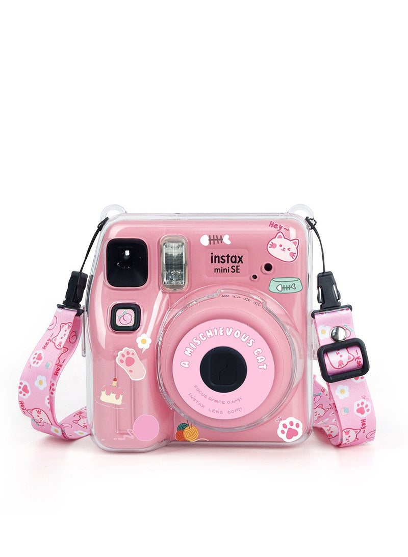 Transparent Protective Case for Fujifilm Instax Mini SE Instant Camera Photo Storing Box Shoulder Strap Beautiful Sticker (Pink)  - Image 2