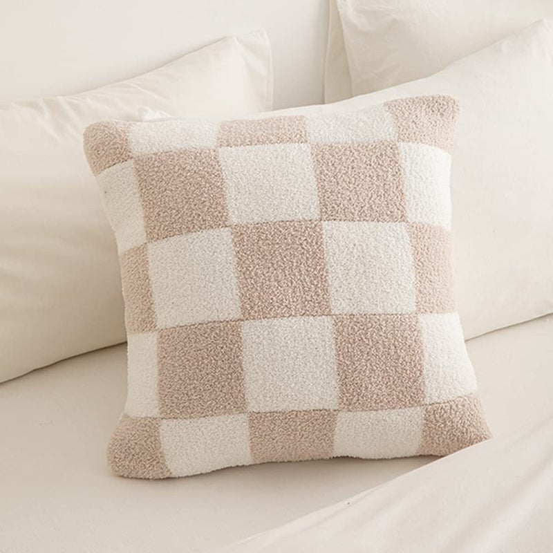 NIDITW Set of 2 Ultra Soft Khaki Checkerboard Throw Pillow Cover Microfiber Chessboard Gingham Cushion Case Cozy Fuzzy Checkered Pillowcase Decor for Home Sofa Couch 18x18 Inches (1-Khaki) - Image 2