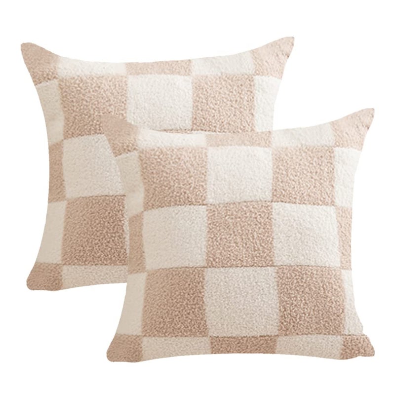 NIDITW Set of 2 Ultra Soft Khaki Checkerboard Throw Pillow Cover Microfiber Chessboard Gingham Cushion Case Cozy Fuzzy Checkered Pillowcase Decor for Home Sofa Couch 18x18 Inches (1-Khaki) - Image 1