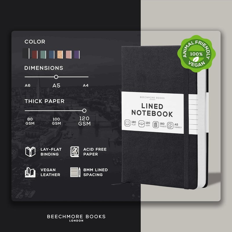 Beechmore Books Lined Journal Notebook, 5.8 x 8.3 inch, A5 160 Lined Pages, Hardcover Leather Journals for Women, Men, Writing and Notebooks for Work - 120 GSM Thick Paper, Gifts Box Included - Image 2