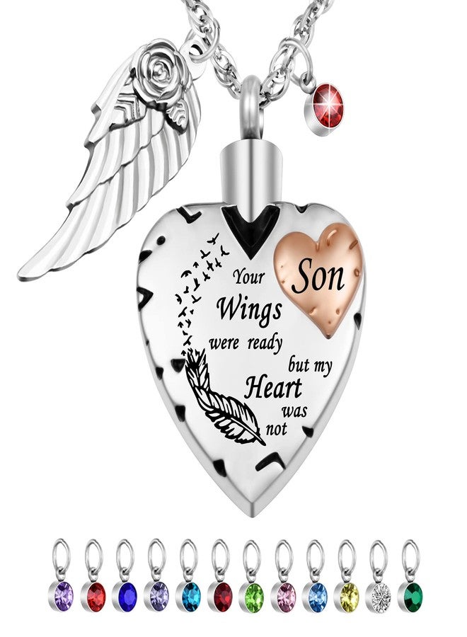 Dletay Heart Cremation Necklace for Ashes Cremation Jewelry with 12 Birthstones Urn Necklace for Ashes-Your Wings were Ready but My Heart was Not, Stainless Steel, No Gemstone - Image 1