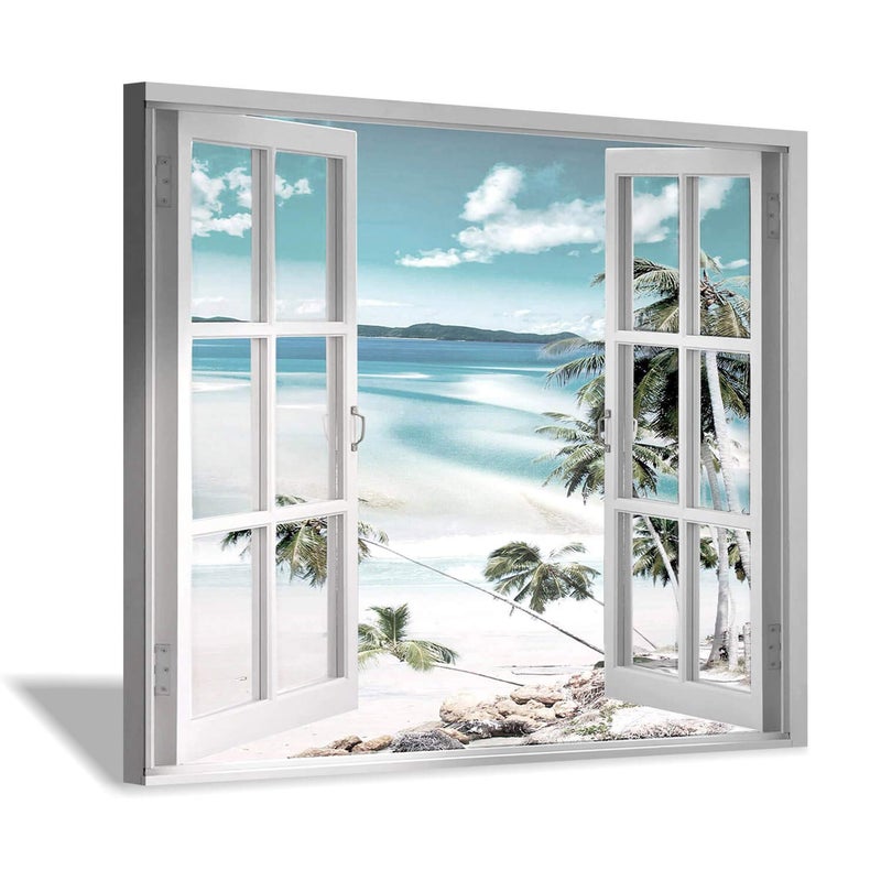 Hardy Gallery Open Windows Canvas Wall Art: Beach with Coastal Palm Graphic Artwork Print on Wrapped Canvas for Wall Decor(24''x18'') - Image 1