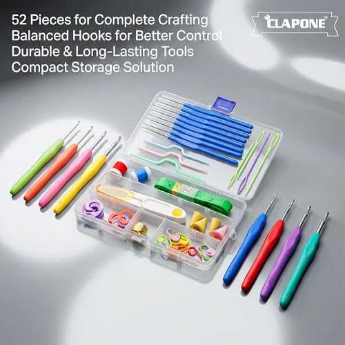 CLAPONE 52 Piece Crochet Set Crochet Kit Crochet Hooks Knitting Kit Crochet Needles Yarn Needle Knitting Needles Set for Beginners Knitting Needles with Ergonomic Handles,Multicolour - Image 5