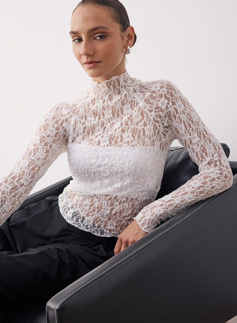 trendyol Ecru Fitted/Slim Fit Raglan Sleeve Lace Long Sleeve Stretch Knitted Blouse Twoaw26Bz00048 - Image 2