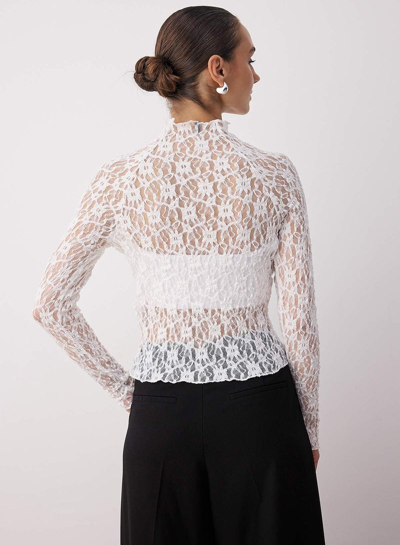 trendyol Ecru Fitted/Slim Fit Raglan Sleeve Lace Long Sleeve Stretch Knitted Blouse Twoaw26Bz00048 - Image 4