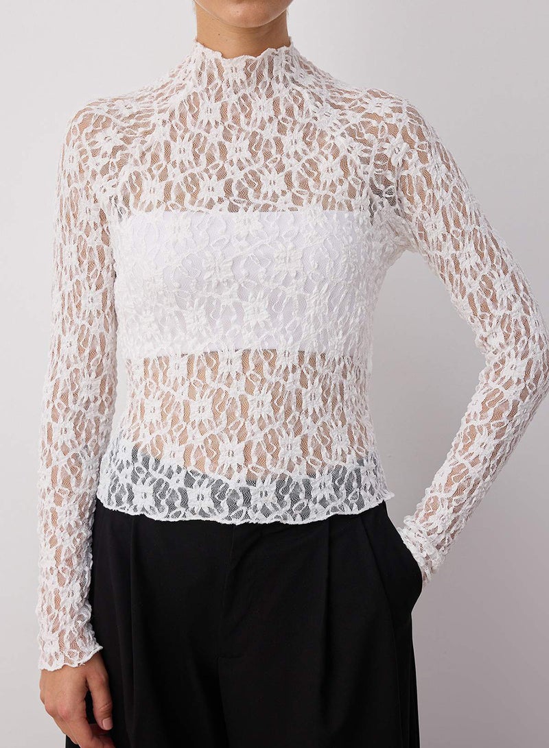 trendyol Ecru Fitted/Slim Fit Raglan Sleeve Lace Long Sleeve Stretch Knitted Blouse Twoaw26Bz00048 - Image 3