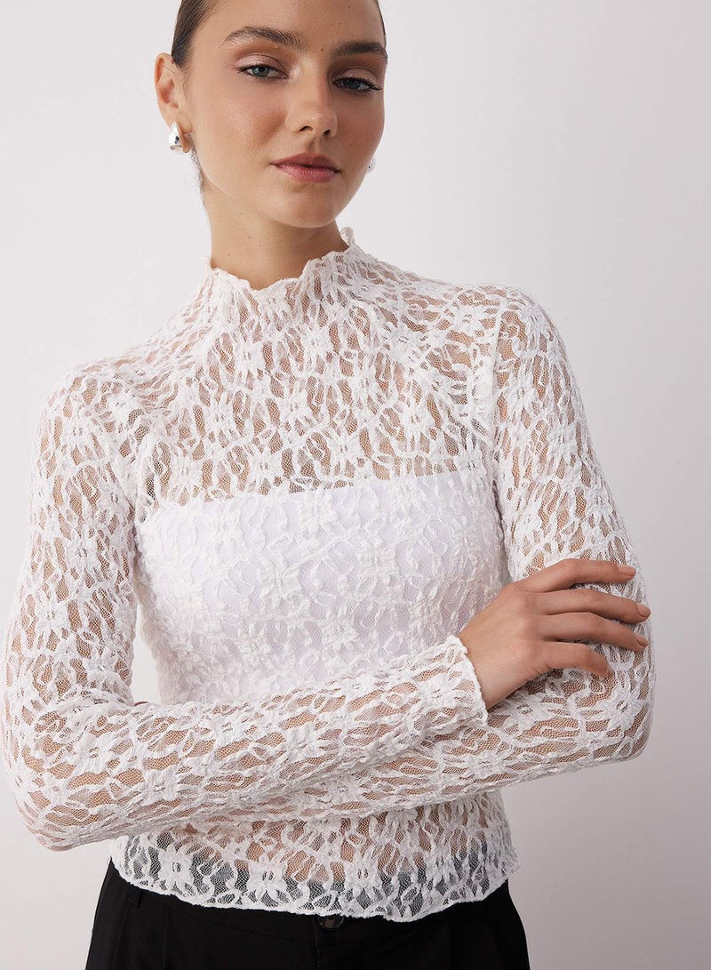 trendyol Ecru Fitted/Slim Fit Raglan Sleeve Lace Long Sleeve Stretch Knitted Blouse Twoaw26Bz00048 - Image 1