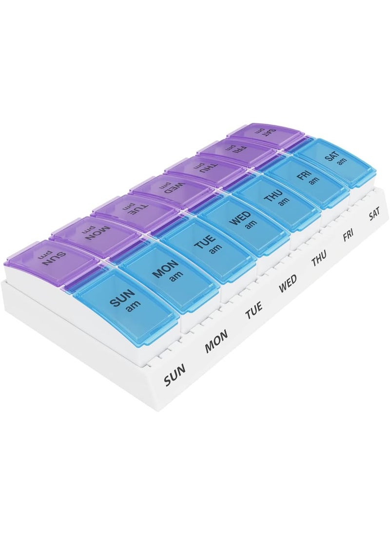 Ezy Dose EZY DOSE Weekly (7-Day) AM/PM Pill Case, Medicine Planner, Vitamin Organizer Box, Small Pop-out Compartments, 2 Times a Day, Blue and Purple Lids, BPA Free 