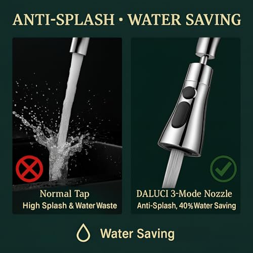 DALUCI Kitchen Tap Extender for Sink 360° Rotating Tap Extension Flexible Faucet Extender with 3 Mode Spray Head Splash Proof Water Tap Extension for Kitchen Sink Fits 22mm 24mm Taps (Chrome) - Image 3