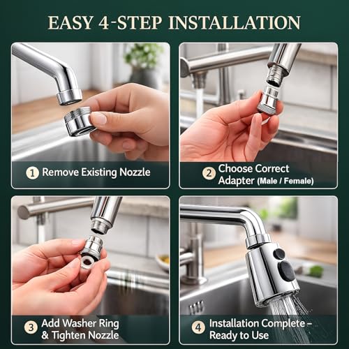 DALUCI Kitchen Tap Extender for Sink 360° Rotating Tap Extension Flexible Faucet Extender with 3 Mode Spray Head Splash Proof Water Tap Extension for Kitchen Sink Fits 22mm 24mm Taps (Chrome) - Image 4