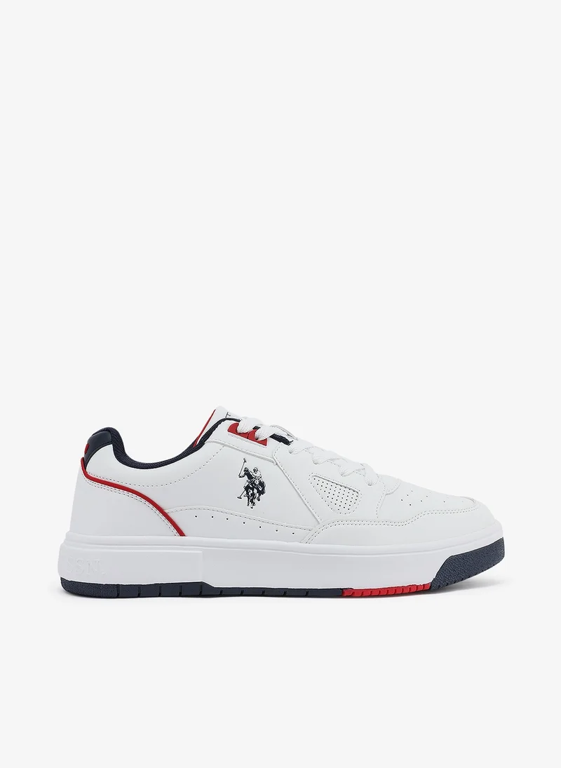 Men's White Sneakers - Lightweight Shoes Modern Design with Red and Navy Accent