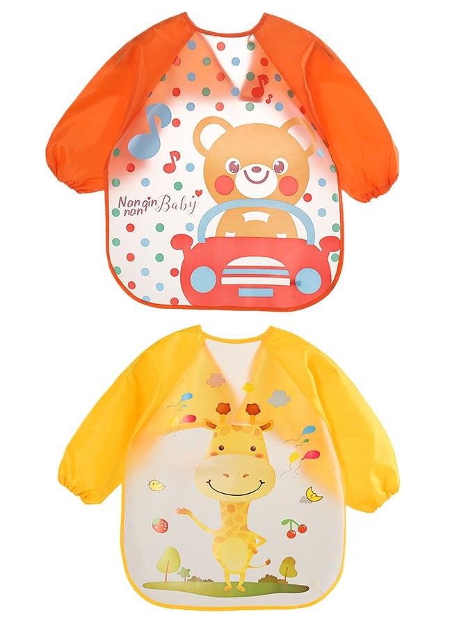 Sharpdo 2 Pcs Baby Long Sleeve Bibs, Toddler Feeding Waterproof Bibs with Great Capacity Pocket, Infant Smock Shirt Bib for Eating, Painting, Playing, Travel - Image 1