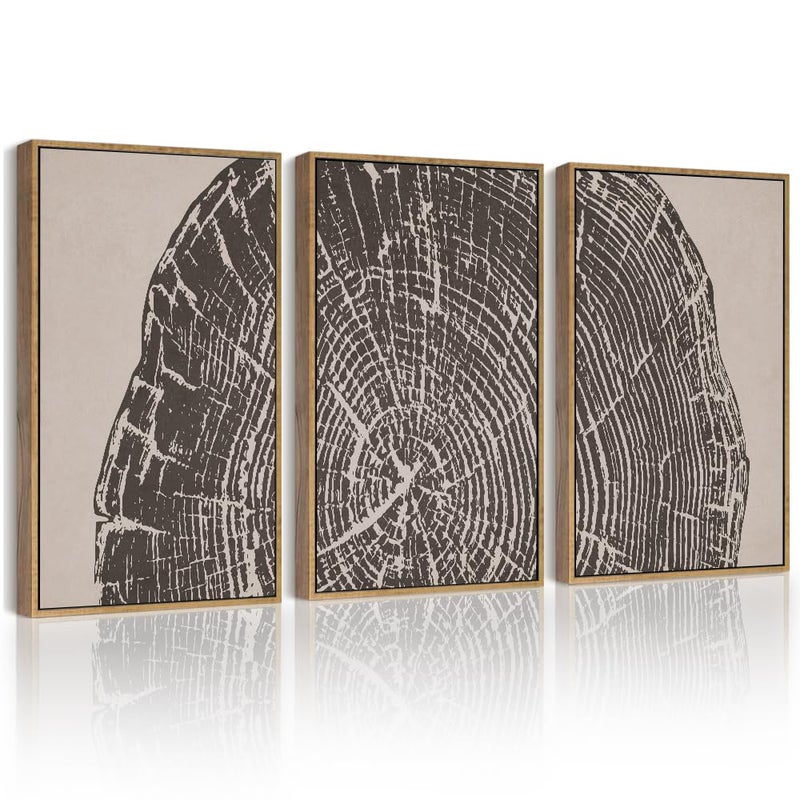 Phopago Farmhouse Vintage Framed Wall Art مجموعة رمادي شجرة الخشب حلقة حلزونية الطبيعية رسومات تجريدية ديكور ريفي حديث للفنون لغرفة المعيشة غرفة نوم - 11x14in طبيعية مؤطرة - Image 1