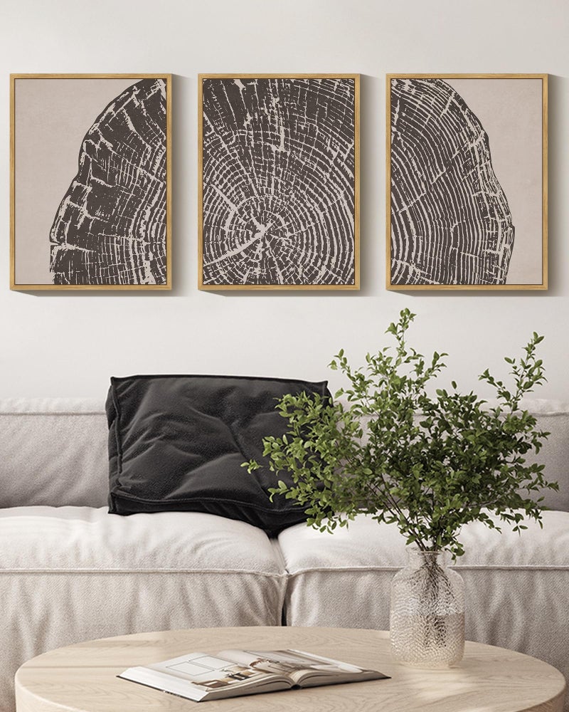 Phopago Farmhouse Vintage Framed Wall Art مجموعة رمادي شجرة الخشب حلقة حلزونية الطبيعية رسومات تجريدية ديكور ريفي حديث للفنون لغرفة المعيشة غرفة نوم - 11x14in طبيعية مؤطرة - Image 2