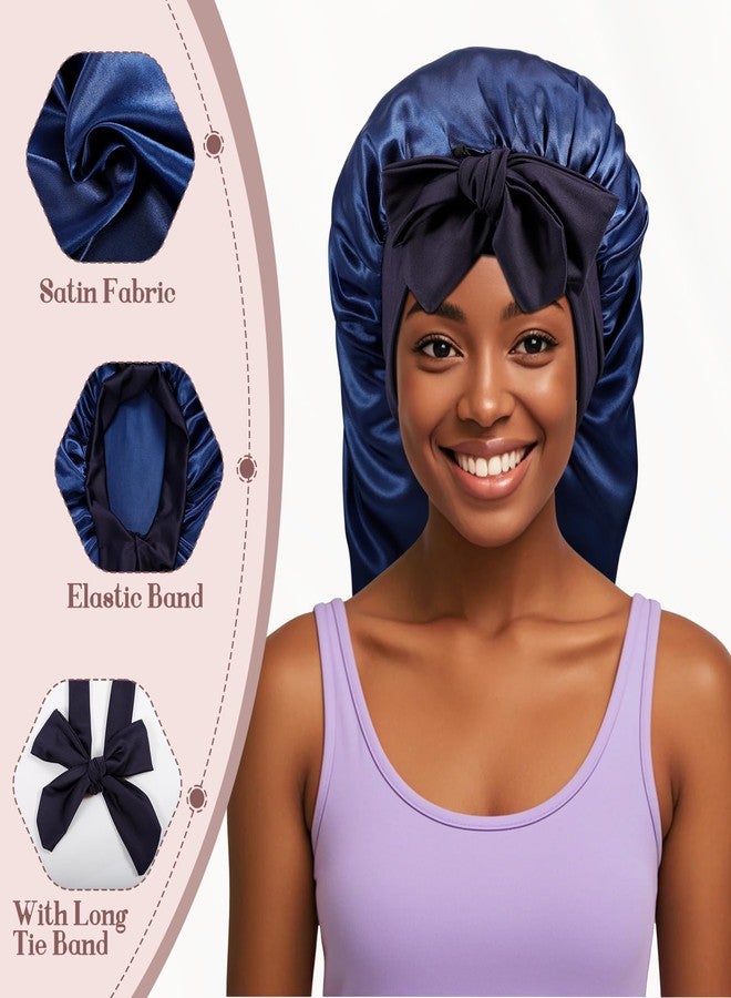 Cabaubl Long Satin Bonnet for Women,Silk Bonnet for Sleeping Women,Long Hair Bonnets with Tie Band for Braids Curly Hair - Image 4