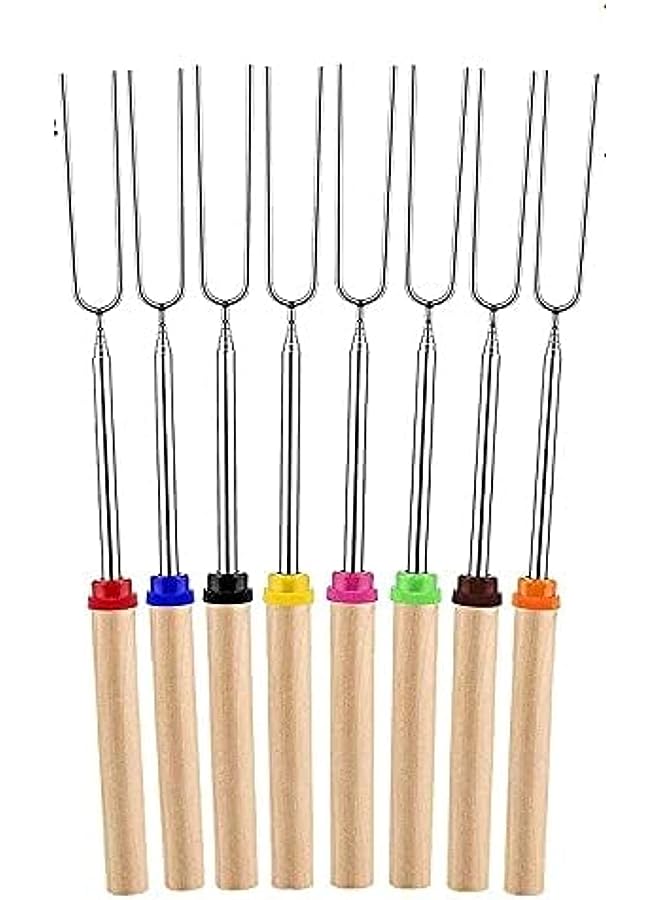 Marshmallow Roasting Sticks - Set Of 8 Telescoping Smores Skewers Hot Dog Forks With Wooden Handle For Fire Pit Campfire - 32 Inch Stainless Steel Bbq Kit
