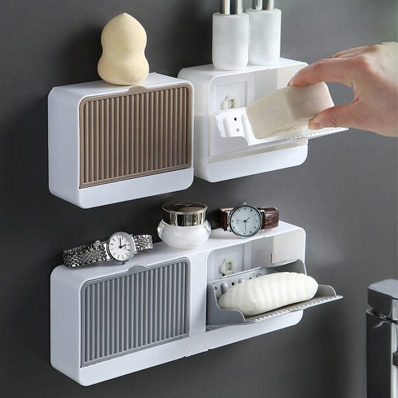 KESHAVAM Wall-Mounted Soap Dispenser and Storage Shelf, Self-Adhesive, White, Bathroom Organiser Set - Image 2