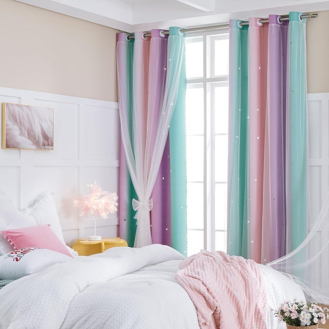 Curtains for Bedroom Decor Rainbow Pink Purple Green 34541