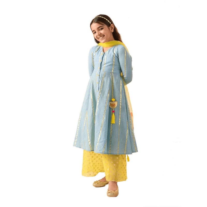 Pspeaches Girls Cotton 3/4th Sleeve V-Neck Striped Kurta And Palazzo With Dupatta 3 Piece Set|Ethnic Wear For Kids Girls|Traditional & Festive Outfit 6-7 Year Blue & Yellow - Image 3