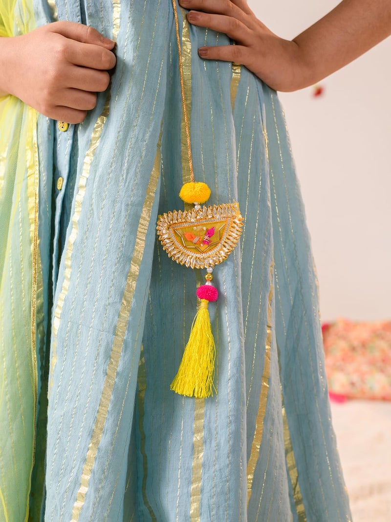 Pspeaches Girls Cotton 3/4th Sleeve V-Neck Striped Kurta And Palazzo With Dupatta 3 Piece Set|Ethnic Wear For Kids Girls|Traditional & Festive Outfit 6-7 Year Blue & Yellow - Image 2