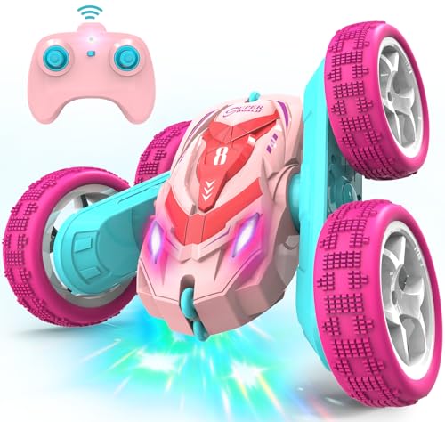 AFUNX RC Stunt Cars Remote Control Car Double Sided 360 Flip Rotating 4WD 24Ghz Rechargeable Car Toy with Headlights For Outdoor Indoor for 612 years old Kids Girls Boys Birthday Xmas Gift Pink - Image 1
