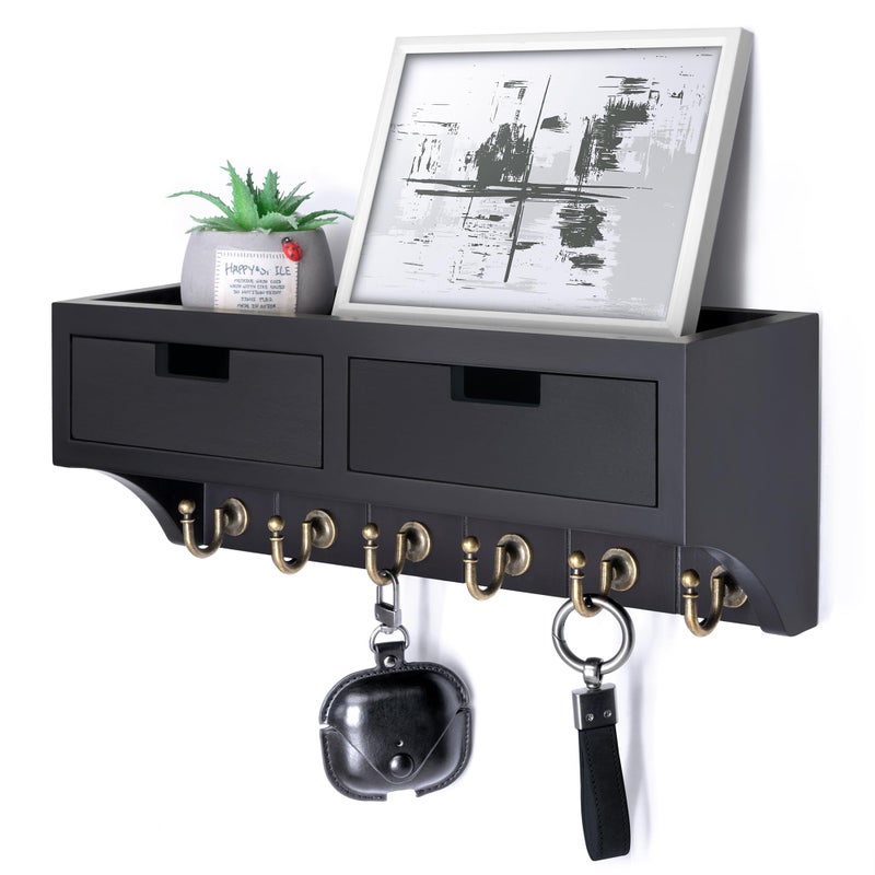 Rebee Vision Key Holder Wall Mount with 2 Drawer Organizer : Decorative Mail Organizer with 6 Key Hooks & Small Wall Shelf - Modern Home Decor for Apartment Essentials (Black) - Image 1
