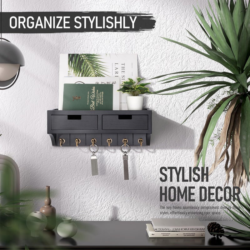 Rebee Vision Key Holder Wall Mount with 2 Drawer Organizer : Decorative Mail Organizer with 6 Key Hooks & Small Wall Shelf - Modern Home Decor for Apartment Essentials (Black) - Image 2