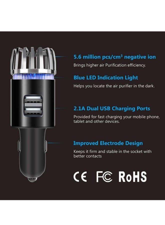 منقي هواء السيارة الأيوني، جهاز 12 فولت مع موصل أيوني مضاد للميكروبات و شاحن مزدوج USB، للتخلص من روائح الحيوانات والأطعمة، والمواد المسببة للحساسية، والفيروسات، باللون الأسود - Image 2