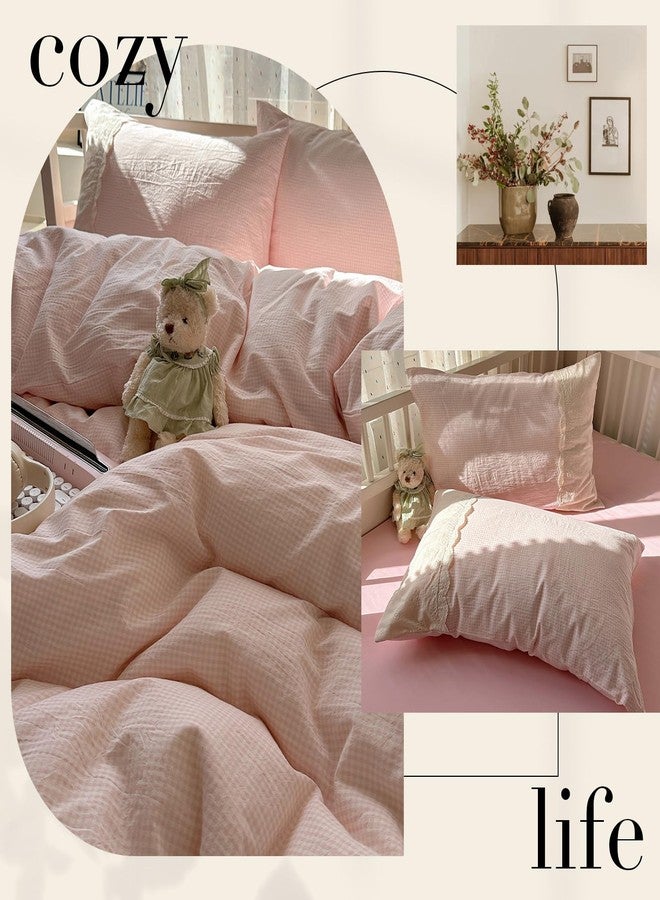 LifeTB Pink Gingham Duvet Cover Twin Size 3 Pieces Romantic Lace Duvet Cover Pink Plaid Checkered Comforter Cover with 2 Pillowcases Soft Breathable Microfiber Grid Farmhouse Plaid Bedding Set - Image 4