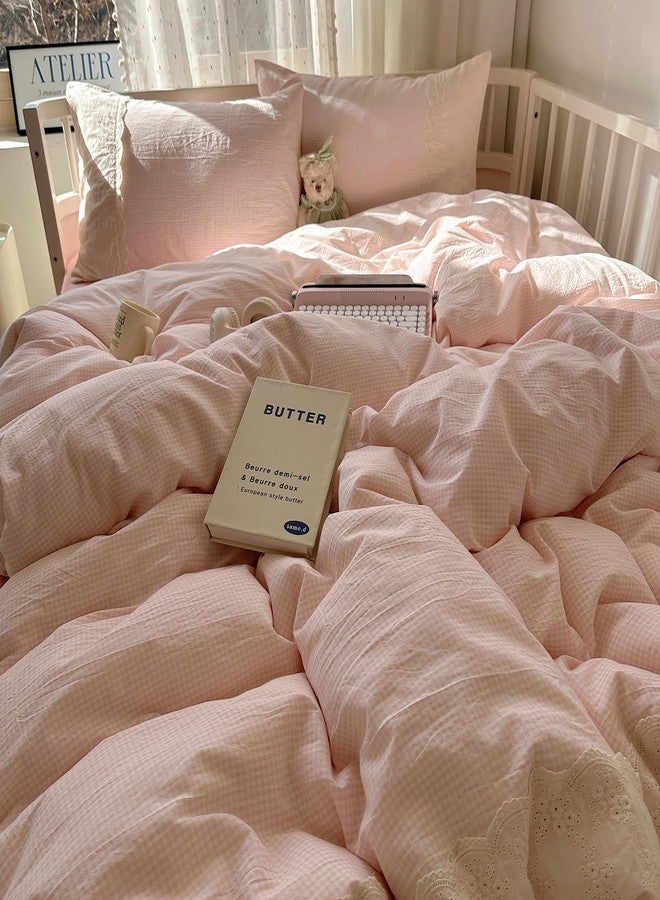 LifeTB Pink Gingham Duvet Cover Twin Size 3 Pieces Romantic Lace Duvet Cover Pink Plaid Checkered Comforter Cover with 2 Pillowcases Soft Breathable Microfiber Grid Farmhouse Plaid Bedding Set - Image 2