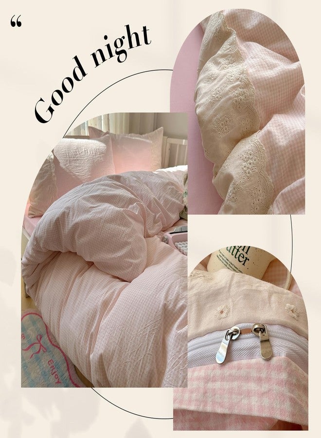 LifeTB Pink Gingham Duvet Cover Twin Size 3 Pieces Romantic Lace Duvet Cover Pink Plaid Checkered Comforter Cover with 2 Pillowcases Soft Breathable Microfiber Grid Farmhouse Plaid Bedding Set - Image 5