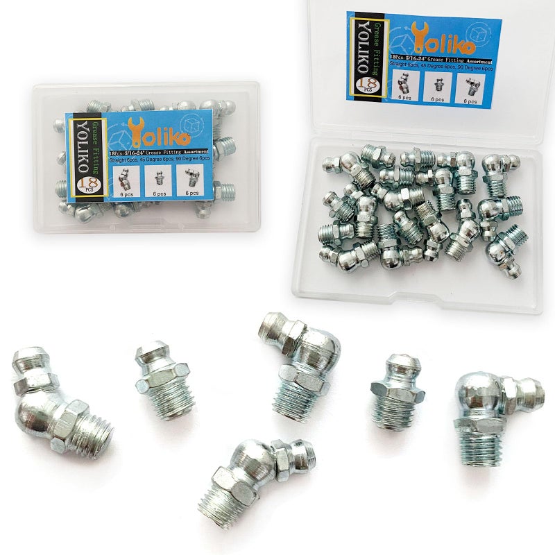 Yoliko 51624 18Pcs Grease Fitting Assortment Straight 45 90 Degree Grease Zerk Fittings Galvanized Steel Grease Fittings and grease gun tips for IndustrialAgricultural Machinery Cars Ships ets - Image 3