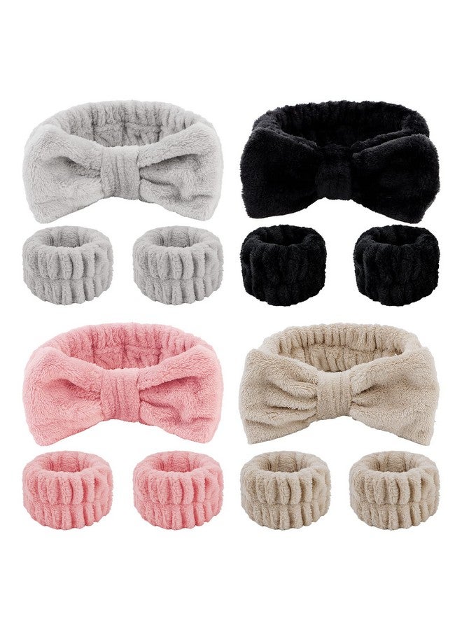 CIEHER 12 Pcs Makeup Headband For Women Wrist Washband Scrunchies Cuffs For Washing Face Soft Bow Hair Band Matching Wristbands Spa Headband Coral Fleece Bow Headbands For Girls - Image 1