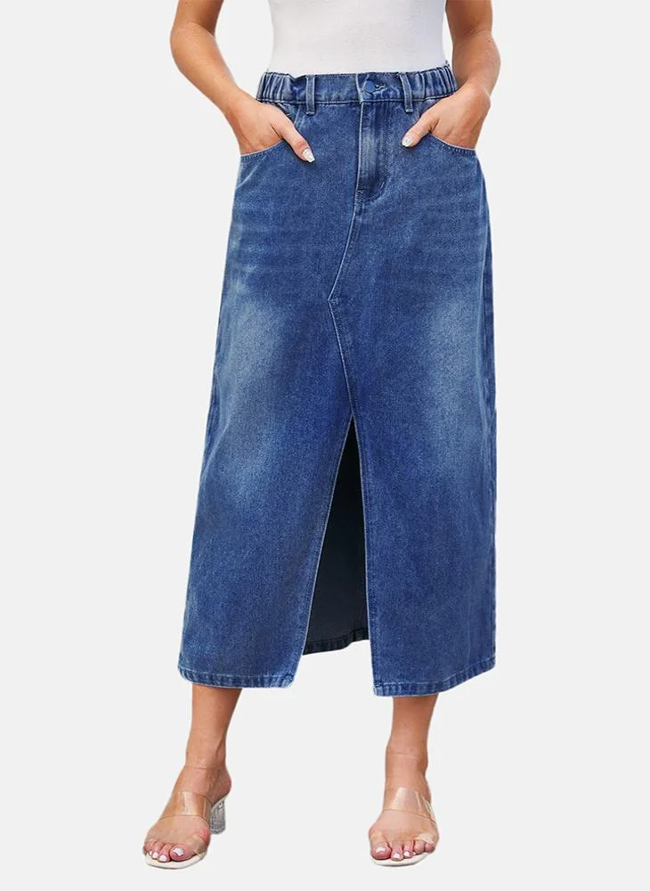 يونيكي Blue Mid Rise Plain Midi Skirt