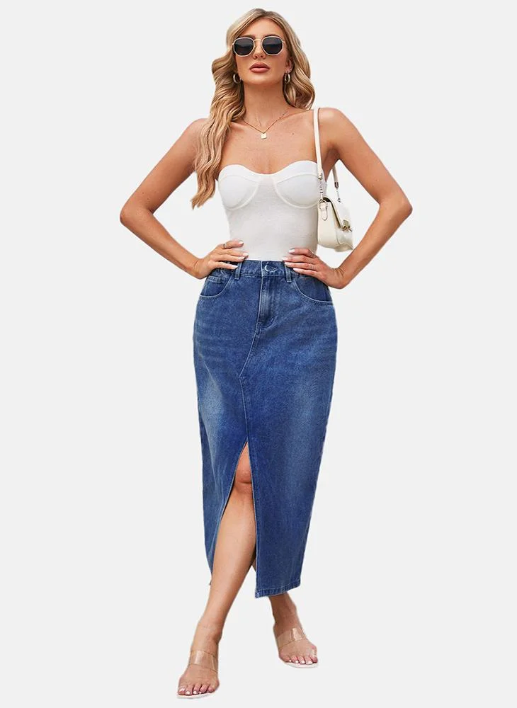 يونيكي Blue Mid Rise Plain Midi Skirt